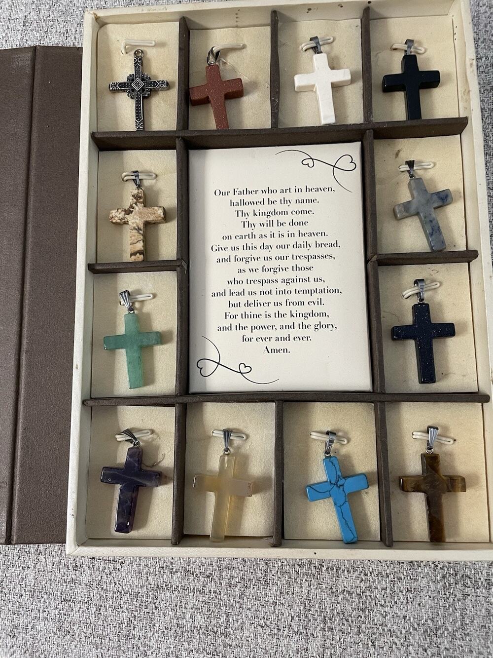 Vintage Cross Pendant Display Box 14 Assorted Necklaces Gold Foil Religious Gift